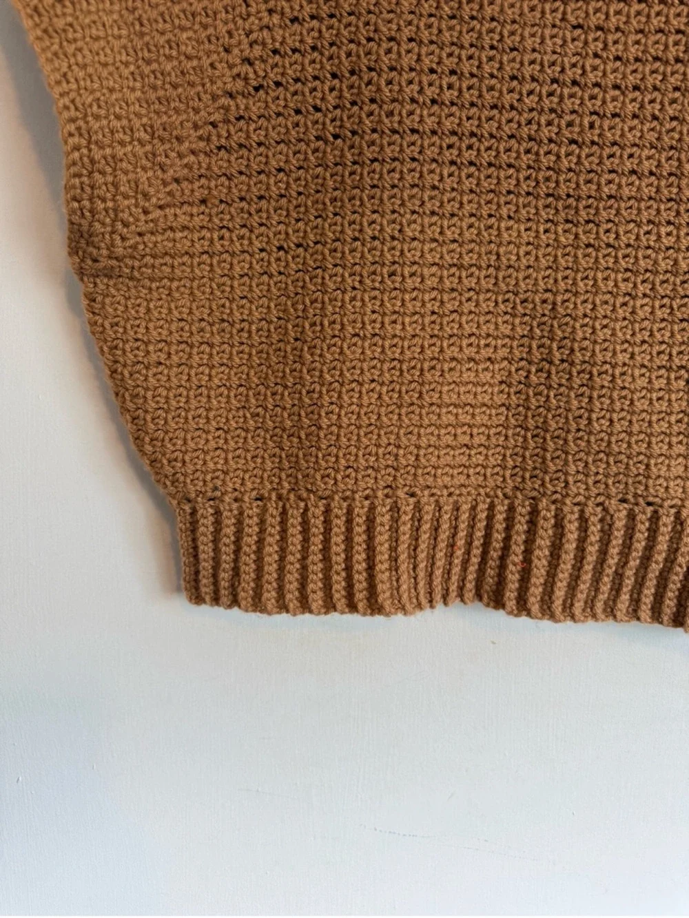Handmade by me tan crocheted mock neck sleeveless waist length sweater